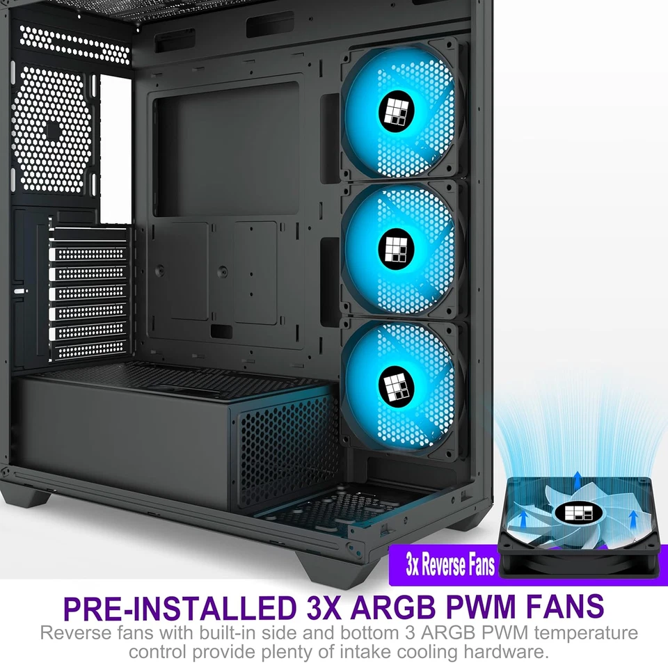 PC Case - Pre-Installed 3 PWM ARGB Fan, ATX Mid-Tower Gaming PC Case, with Type- - Image 4 of 4