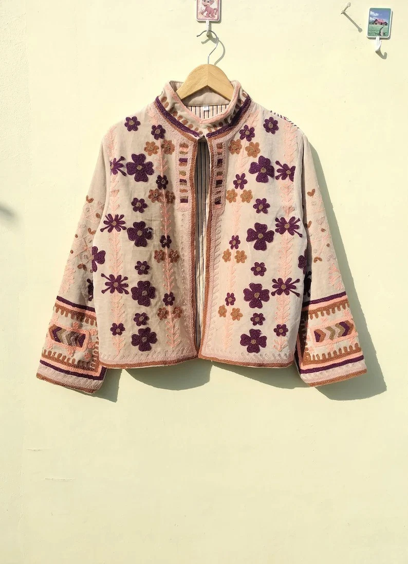 Indian Handmade Pink Suzani Floral Cotton Unisex Jackets Womens Clothing Jackets