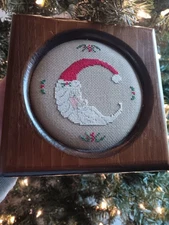 Handmade Finished Celestial Santa Mini Cross Stitch Wall Decor Wood Frame 6"×6"