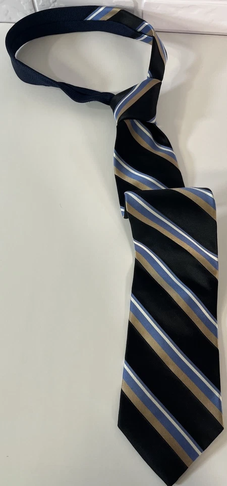 Corbata Tommy Hilfiger 100% Seda EE. UU. Azul Negro Dorado Rayas Logo Foto 3 de 4