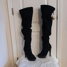 Y2K VTG Bakers Black Suede Slouch Thigh High Boots Snakeskin Print Platform Heel