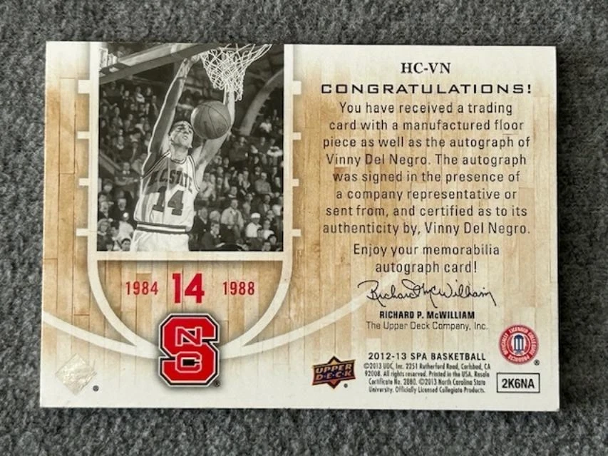 2012-13 Upper Deck SP Authentic VINNY DEL NEGRO Home Court Signatures Auto - Image 2 of 2