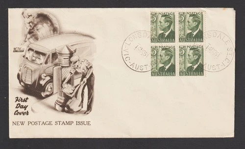 AUSTRALIA 1951 WIDE WORLD FDC KGVI 3d BLOCK OF 4 UNADDRESSED