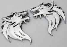 Par de calcomanías de metal de calidad 3D con cabeza de lobo para automóvil motocicleta - plateadas