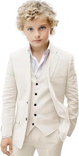 Boy Suit 3 Pieces Summer Suit Linen Kids Blazer Vest Pants Set Beach Wedding - Picture 10 of 39
