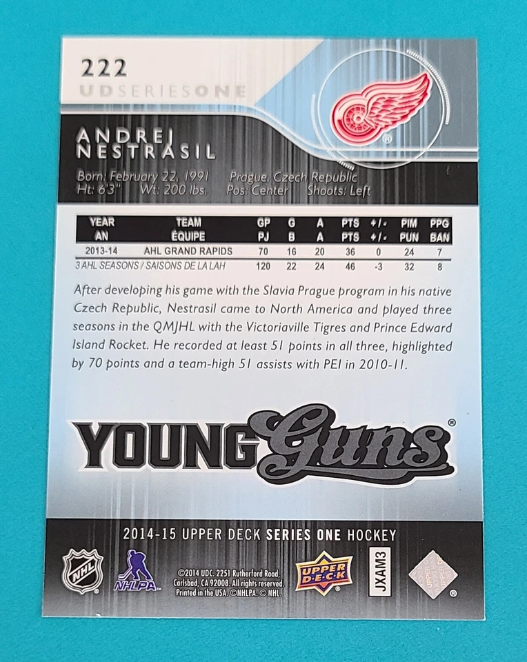 2014-15 Upper Deck Young Guns RC #222 Andrej Nestrasil Red Wings HOCKEY Card A9 - Image 2 of 2