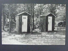 MA & PA Log Outhouses Up Where The North Begins Real Photo Postcard RPPC 1938