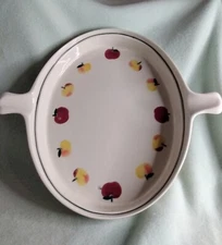 Vintage Hartstone USA Pottery 10" Oval Bowl 2 Handles Red & Golden Apples