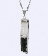 Black Tourmaline and Selenite Stacked Pendant Necklace Sterling Silver Chain Hea