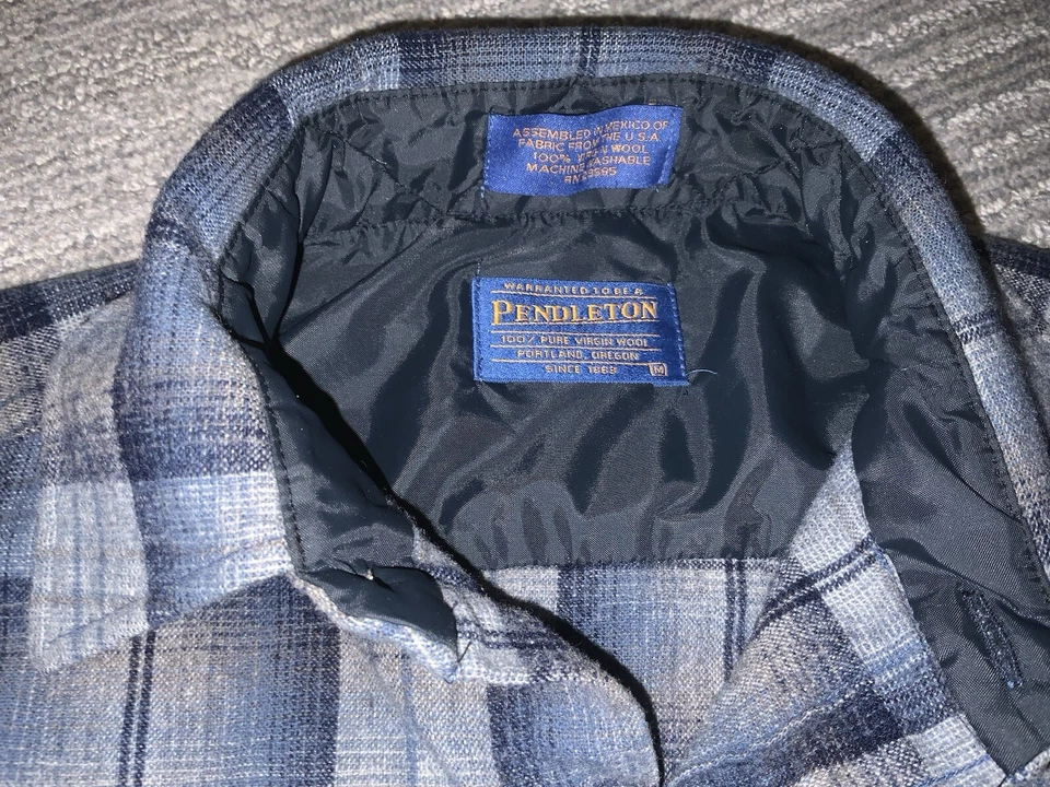 Мужская винтажная рубашка Pendleton сделано в США 100% натуральная шерсть M темно-синяя клетчатая - Изображение 3 из 4