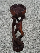 Wood Carved 11-3/4" Ashtray Candle Holder 3 Twisted Figures Holding Cauldron