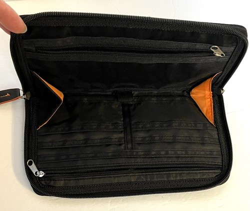 Le Tanneur große Canvas-Geldbörse mit Reißverschluss schwarz orangefarbener Besatz Lederetikett 9-1/2 x 5-1/4 Zoll - Bild 18 von 24