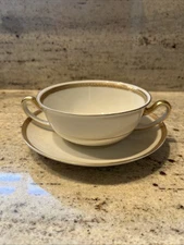 Tirschenreuth Bavaria 2-Handle Soup Cup And Saucer Rosslare 4316 Ivory/Gold Trim