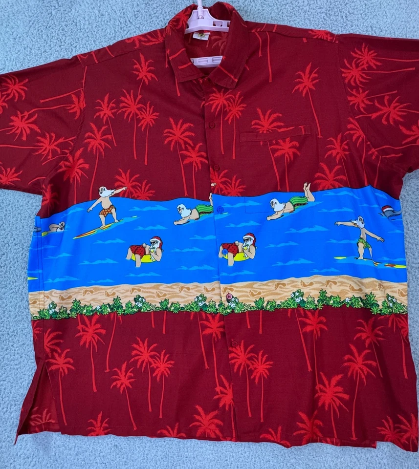 Mens 2X Short Sleeve Button Shirt Blue Red Tropical Christmas Print Casual - Image 4 of 4