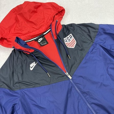 Nike USA Jacket Mens S Blue Red Windbreaker Hooded Lined Full Zip Pockets