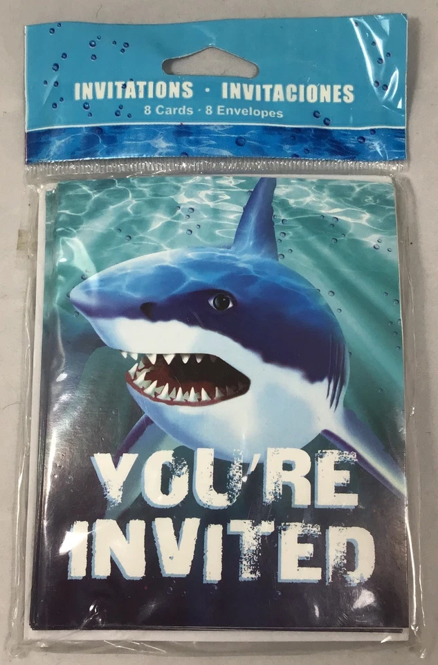 New Happy Birthday Party Shark 16 Invitations & Banner Invites 16 Envelopes - Image 2 of 4