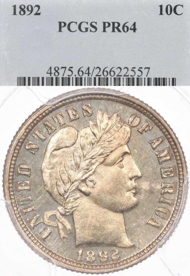 Moneda de diez centavos de plata de peluquero 1892 10C graduación profesional PR 64 a prueba - etiqueta azul sólido antigua