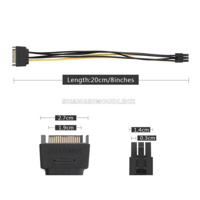 Dual SATA 15P Male to PCI-E 6 Pin Female Video Card Power Adapter 20cm Cable