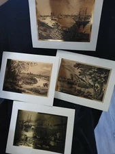 4) Multiple Cities Old Steel Engraving 1872-74 Framed 10" x 8" - Gold Colors