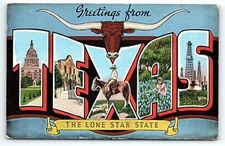 1940s GREETINGS FROM TEXAS LONE STAR STATE OIL WELLS COWBOY ALAMO POSTCARD P43
