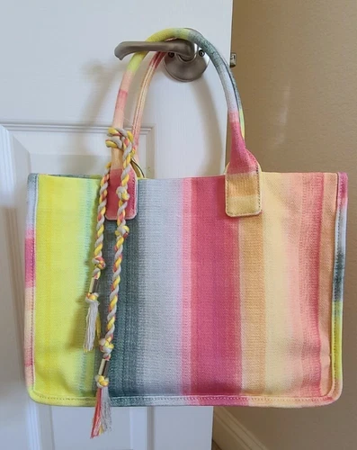NWT Vince Camuto Orla Sunset Striped Textured Canvas Cotton Tote Handbag Bag