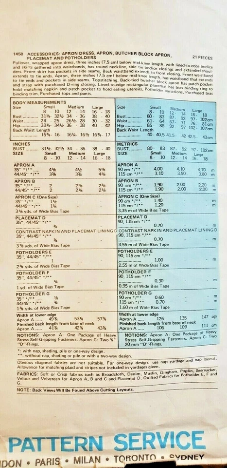 UNCUT Vintage Vogue Patterns #1450 Kitchen - Aprons, Placemat & Potholders - Image 4 of 4