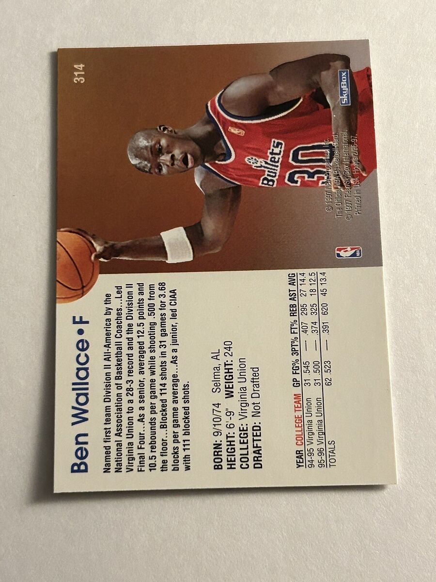 1997 NBA Hoops #314 Ben Wallace RC Washington Bullets H495 1997 NBA Hoops #314 Ben Wallace RC Washington Bullets H495