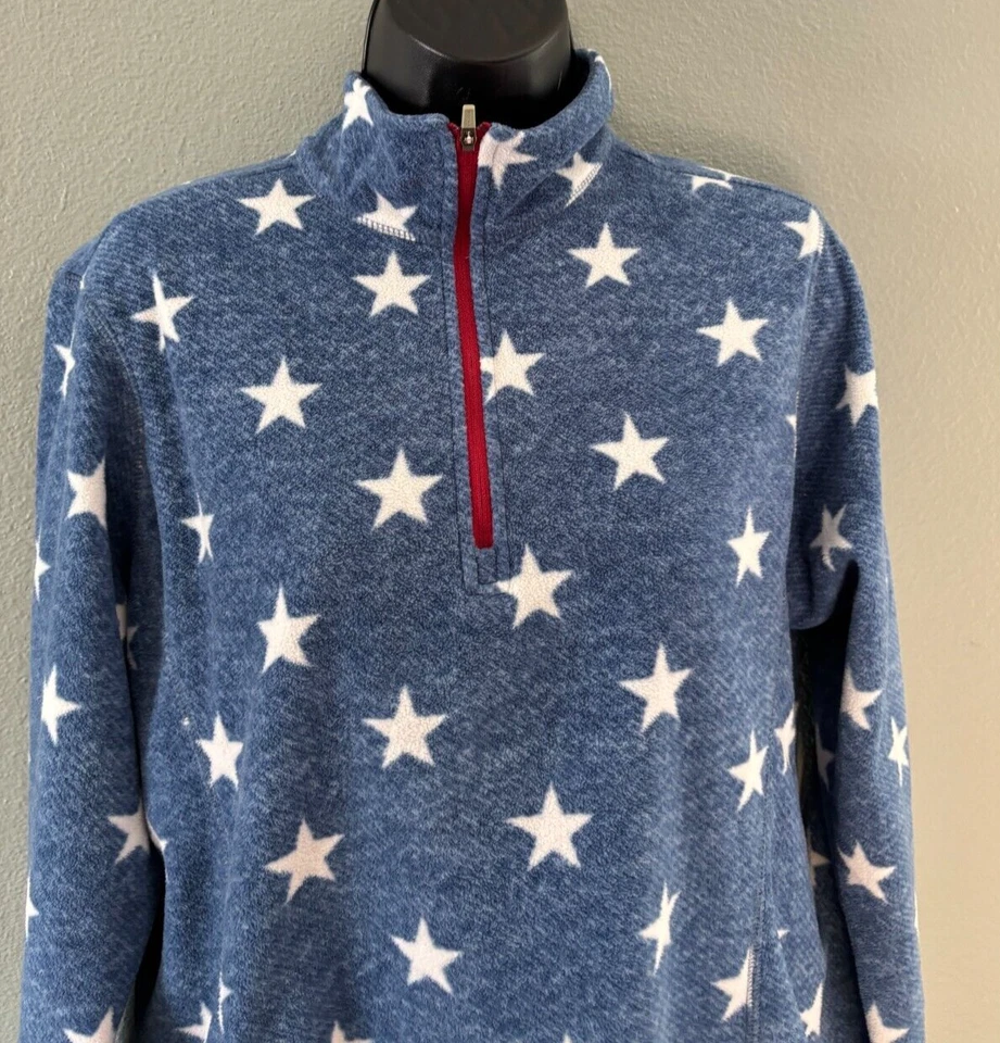 Pullover polar Eddie Bauer 1/4 cremallera para mujer grande azul con estrellas blancas manga larga Foto 4 de 4