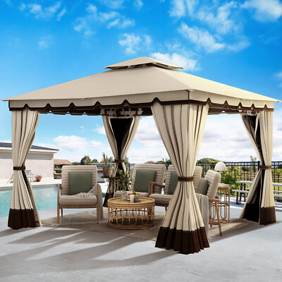 10'x12' Outdoor Patio Double Fabric Roof Canopy Gazebo Mosquito Netting Curtain