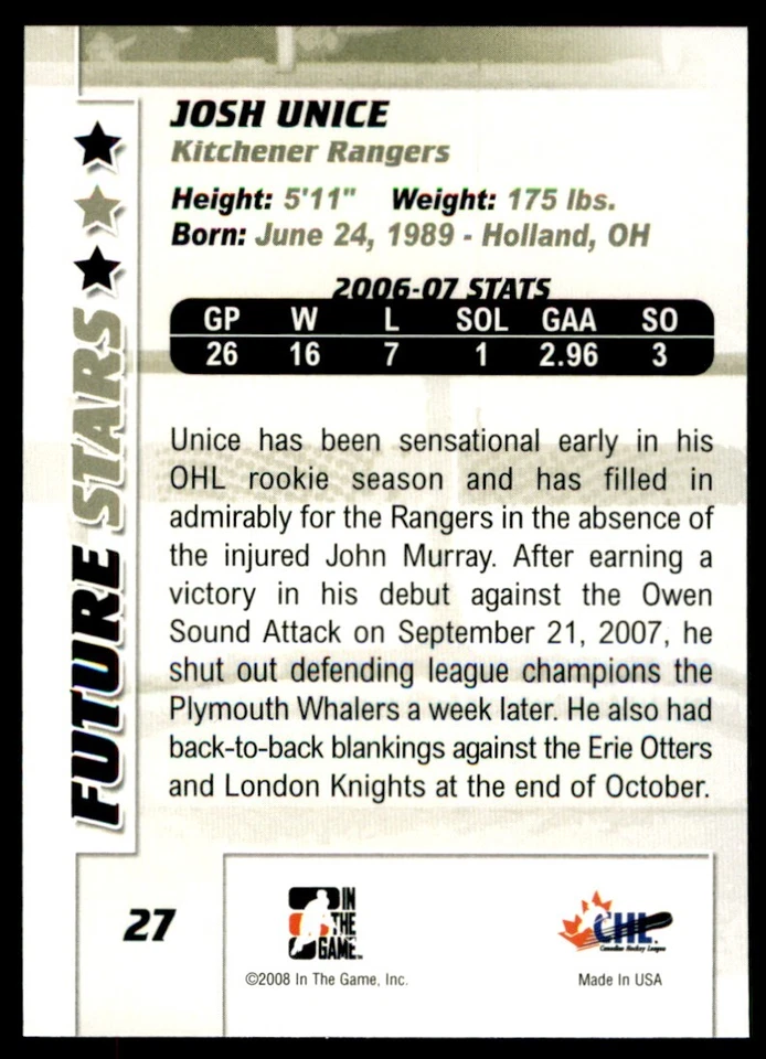 2007-08 In The Game Between the Pipes Josh Unice #27 - Image 2 of 2