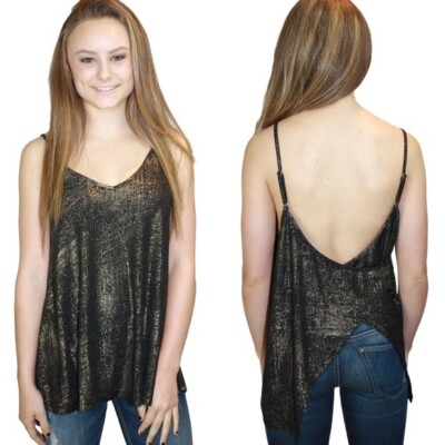 Ark & Co Gold Shimmer Metallic Cross Back Open Camisole Tank Top Black Gold