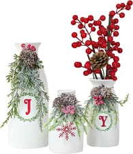 Artificial Christmas Joy Ceramic Vase Set, 3 PCS with Mixed Xmas Decorations for