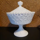 Fenton Silver Crest Footed Spanish Lace Milk Glass Candy Dish with Lid- VTG