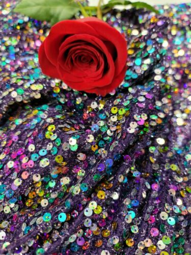 Stretch Purple Lame Spandex Embroidery Multicolor Sequin Iridescent Fabric By Ya - Picture 1 of 12