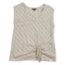 Lilla P White Yellow Striped Blouse T-Shirt Sz S Scoop Neck Knotted Bottom