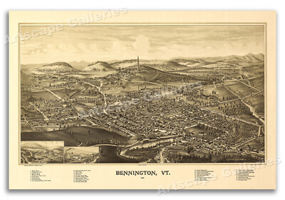 Bird's Eye View 1887 Bennington Vermont Vintage Style City Map - 16x24