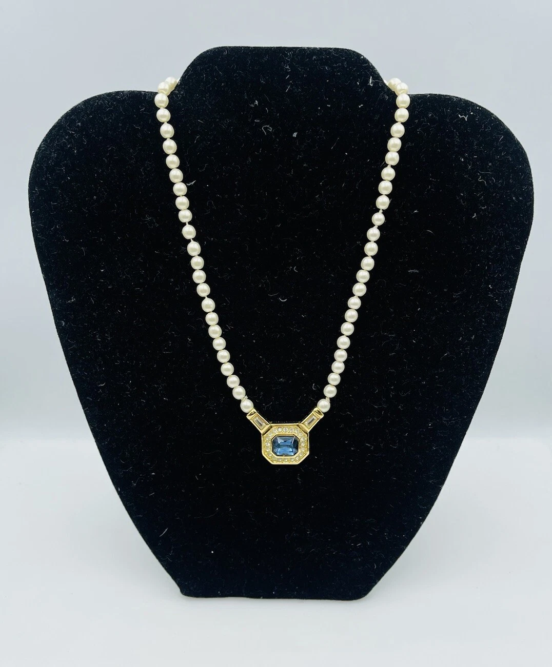Collana Christian Dior Vintage Placcata Oro Zaffiro Blu Vetro Perle Perline