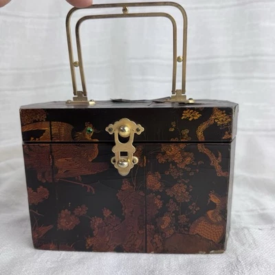 VTG Signed Lacquered Decoupage Box Purse Octagon Chinoiserie Velvet w/ Mirror - Image 1 of 4