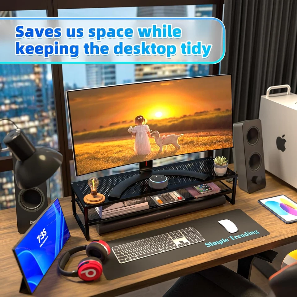 Simple Trending 2 Tier Metal Dual Monitor Stand Riser,Computer Office Desktop Or - Image 2 of 4