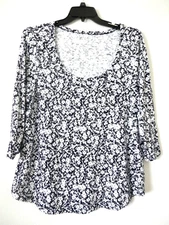 LANE BRYANT 18/20 Black White Cotton Floral 3/4 Sleeve Scoop Neck Knit Top
