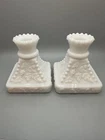 Vintage Westmoreland Milk Glass Old Quilt Candle Holder Candlesticks S/2