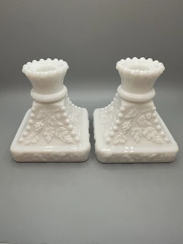 Vintage Westmoreland Milk Glass Old Quilt Candle Holder Candlesticks S/2