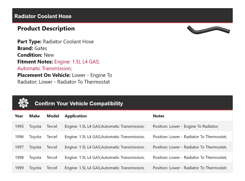 Para Toyota Tercel 1995-1999 1,5 L L4 GAS radiador refrigerante manguera puertas 1996 1997 Foto 2 de 4