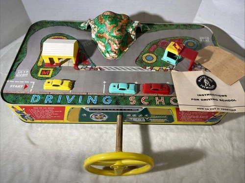 Mattel Driving School Tin Metal Toy W/ 3 Cars Instructions & OG Receipt 1950’s