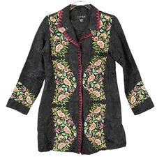 Citron Santa Monica Linen Silk Button Jacket Asian Brocade Floral Embroidered XS