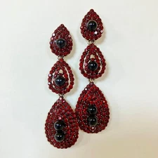 3 Tier Earrings Teardrop Red Rhinestones Silvertone Metal Post Statement Vintage