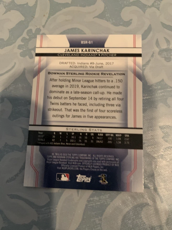 2020 Bowman Sterling James Karinchak RC Rookie Cleveland Indians - Image 2 of 2