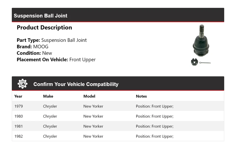 For 1979-1982 Chrysler New Yorker Suspension Ball Joint Front Upper MOOG 1979 - Image 2 of 4