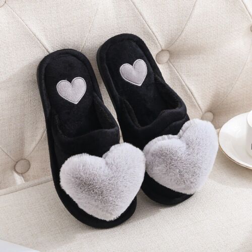 Lady Furry Faux Fur Slipper Heart Shaped Lined Flats Shoes Slip on Indoor Home - Picture 1 of 16