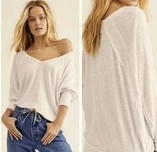 Free People Santa Clara Thermal Top V Neck Alabaster Ivory Size Medium